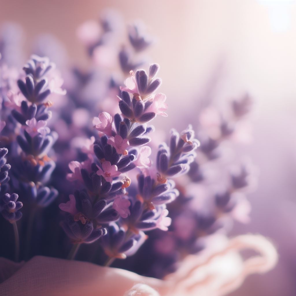 Ein Lavendelstrauch, von sanftem Licht umgeben, mit seinem charakteristischen violett-blauen Blütenmeer. Das Bild veranschaulicht die natürliche Schönheit und Reinheit des Lavendels, eine Inspiration für den Chakra Flower Yogamattenreiniger. Das Licht unterstreicht die Anmut und Frische des Lavendelstrauchs