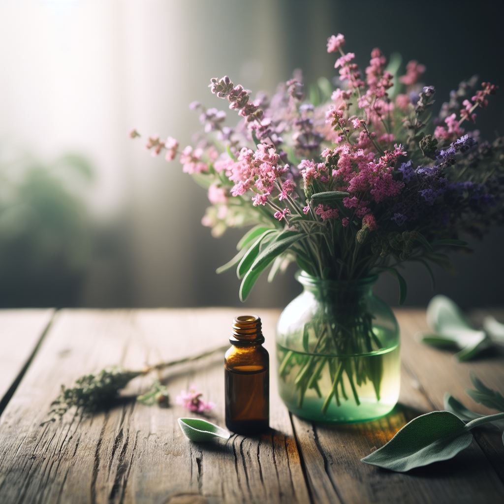 Eine Flasche mit Chakra Flower Yogamattenreiniger, umgeben von Lavendelkräutern. Das Bild zeigt die Flasche mit Lavendel-Essenz und frischen Lavendelkräutern, die für ihre beruhigende Wirkung bekannt sind. Es betont die natürliche Reinheit und den beruhigenden Effekt dieser Reinigungsmethode
